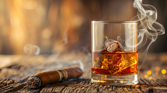Gros plan sur un verre de whisky et un cigare.