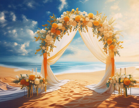 illustration of a summer wedding arch with 
white tulles and flowers on the sandy tropical beach. Invitation card, summer wedding concept. space for your text or design