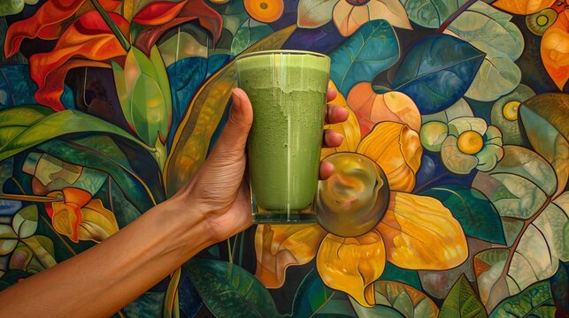 Woman with a smoothie surrounded by fruits and vegetables