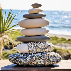 Stacked pebbles with beach background