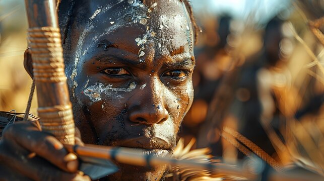 A man with a spear and a face covered in paint. The man is looking at the camera