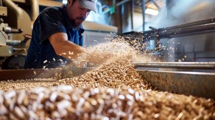 A worker operating a machine that screens and sifts wood pellets for uniformity.