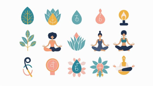 Yoga meditation set with tropical fruits and plants for healthy lifestyle design