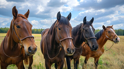 Four horses equine friends herd wearing halters outside in a paddock field meadow with a beautiful sky waiting watching alert listening