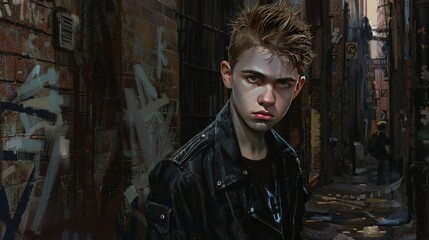 Obraz premium Young boy in a dark city alley for horror, mystery or crime themed designs
