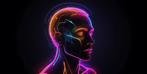 isolated on dark gardient background with copy space, neon human head concept, illustration