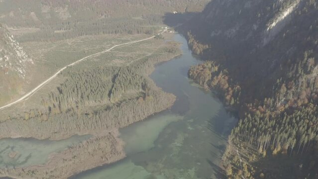Aerial View of Almsee and Almtal in Autumn, Scenic Lake and Valley with Fall Foliage in Austria, D-Log
