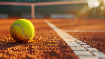 Gros plan sur une balle de tennis posée sur un terrain en terre battue.