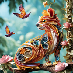 Fototapeta premium Quilled Paper Art of Tiger and Hummingbirds in Forest