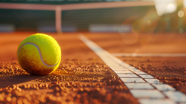 Gros plan sur une balle de tennis posée sur un terrain en terre battue.
