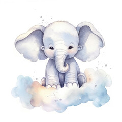 Cute little elephant flying on a cloud kids cartoon illustration digital artwork isolated on white. Funny baby elephant, hand drawn watercolor for package, postcard, brochure, book