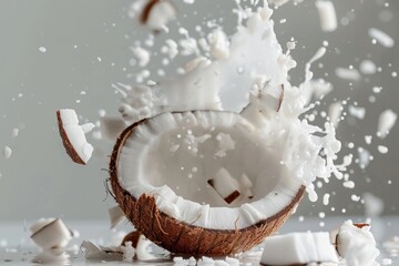 Coco abierto con hojuelas de coco ralladas que se derraman sobre una mesa blanca