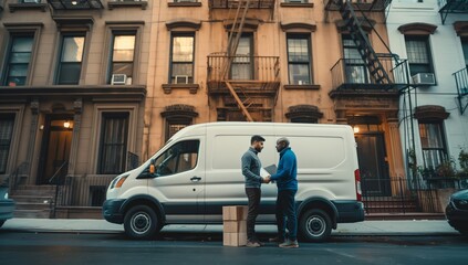 Two Men Standing in Front of Delivery Van on Urban Street
