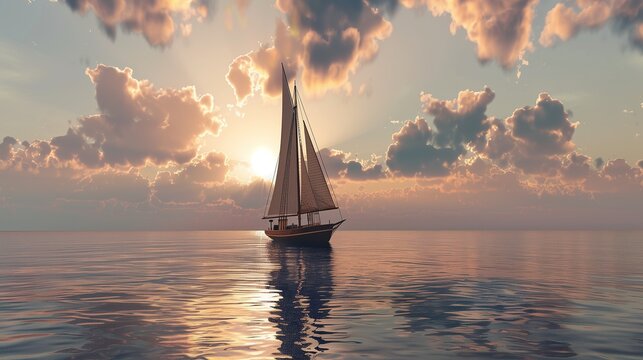 sailboat in ocean with sunset in background, boat in sea, beautiful scene