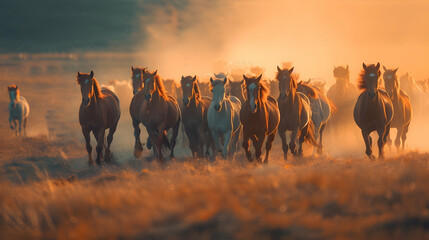 Herd of Horses is Coming Back From Pasture. Haze Orange Horses Mammal Farm Running