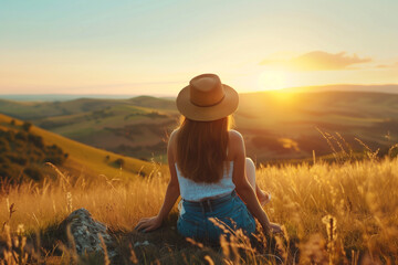 Fototapeta premium A girl at the top of the mountains, sitting on the Spring, looking at the Sunset 