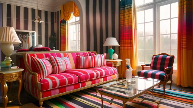 A room filled with furniture against boldly striped walls in a classic style, A classic style with bold colors and traditional stripes