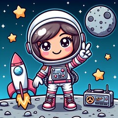 Naklejka premium cute astronaut peace on moon with rocket cartoon vector icon illustration