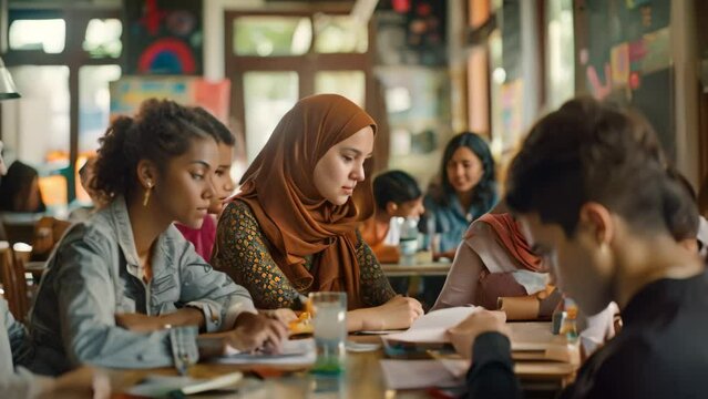 Diverse group of young women sitting together at a table, engaged in conversation or study, A classroom filled with diverse students collaborating on a project