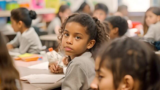 A diverse group of children sitting at desks in a classroom, engaged in learning activities, A classroom filled with diverse students engaged in collaborative learning