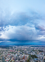 Yekaterinburg aerial panoramic view in summer sunset. Ekaterinburg is the fourth largest city in Russia located in the Eurasian continent on the border of Europe and Asia.