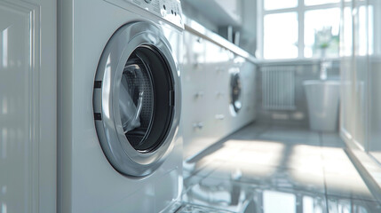 washing machine in a white laundry utility room, green house plants, bright and airey