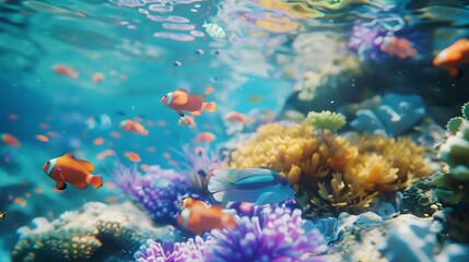 Obraz premium Enchanting Underwater World: Close-up on Colorful Marine Life and Blue Coral Reefs in Clear Ocean Backdrop
