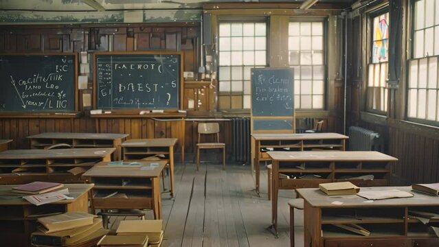 An old classroom packed with numerous wooden desks lined up neatly, with chalkboards in the background, A classroom with wooden desks, chalkboards, and old textbooks scattered around