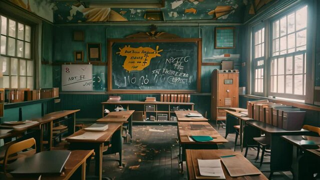Classroom setting with wooden desks arranged and a chalkboard on the wall, A classroom with wooden desks, chalkboards, and old textbooks scattered around