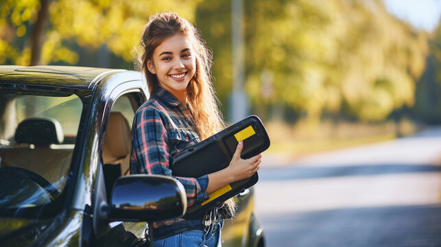 A girl with a paper sign.driving license exam, driving test pass concept