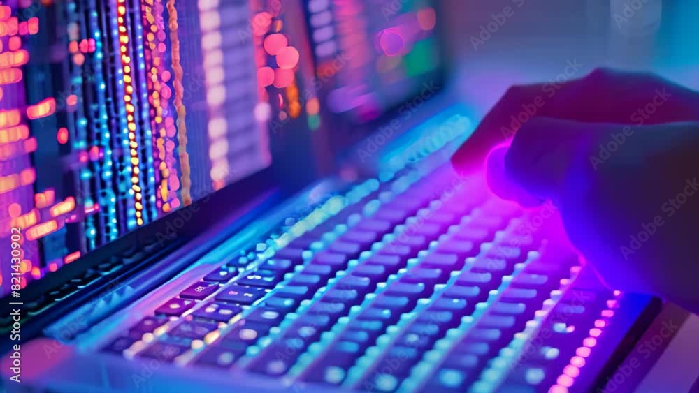 Poster a persons hands typing on a laptop keyboard with vibrant colorful lights in the background, a close-