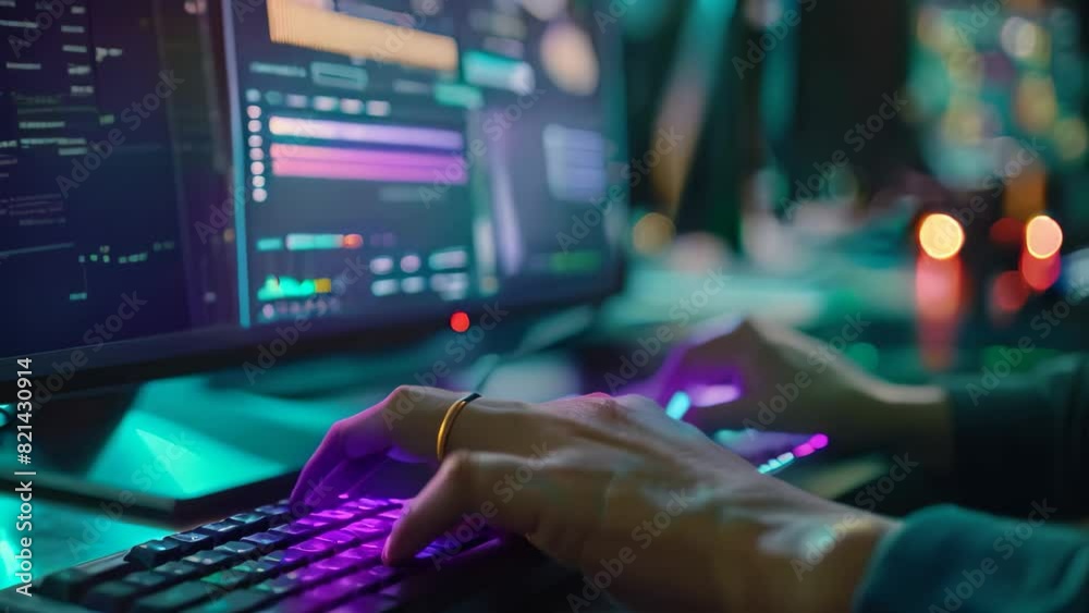 Poster close-up of a persons hands typing on a keyboard in front of a computer monitor, a close-up of hands