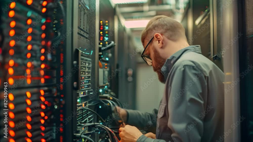 Poster a man focused on configuring a server in a busy server room filled with cables and technology equipm