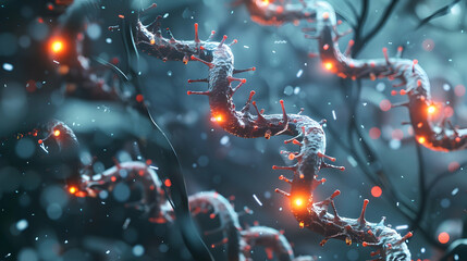 Genetic brain disorders, conceptual 3D illustration. Mutations in the DNA leading to brain diseases. Neurodegenerative disorders