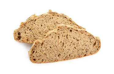 Slices of freshly baked sourdough bread isolated on white