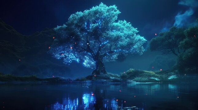 Enchanting giant tree emitting a soft blue glow in the darkness of the night, creating a magical ambiance
 Seamless looping 4k time-lapse virtual video animation background. Generated AI