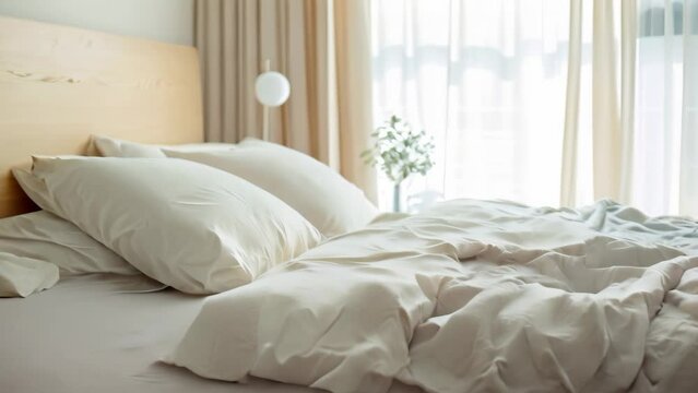 This video showcases a well-made bed with a white comforter and multiple pillows in a clutter-free and organized bedroom, A clutter-free and organized bedroom with crisp linens and neatly made beds