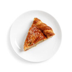 Piece of tasty homemade pie with filling isolated on white, top view