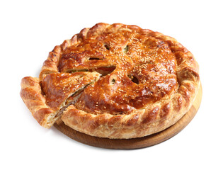 Cut delicious homemade pie isolated on white