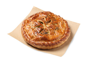 Tasty homemade pie with filling isolated on white