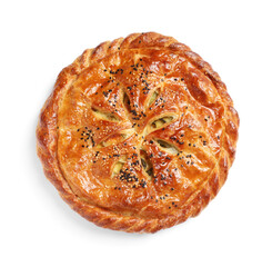 Tasty homemade pie with filling isolated on white, top view