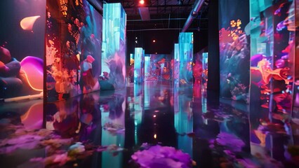 A room illuminated by various colorful lights creating a vibrant and dynamic atmosphere, A collaboration between artists and technology to create innovative business solutions