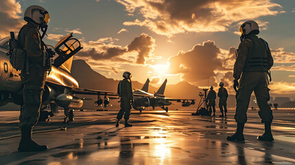 Image of a group of military pilots standing near fighters on the runway - Powered by Adobe