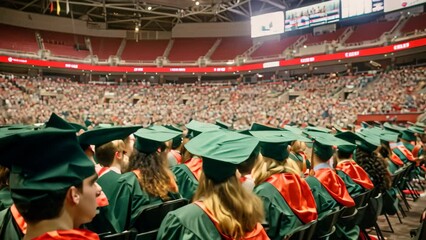 Graduates in traditional caps and gowns are gathered at a graduation ceremony, A commencement ceremony with a sea of caps and gowns