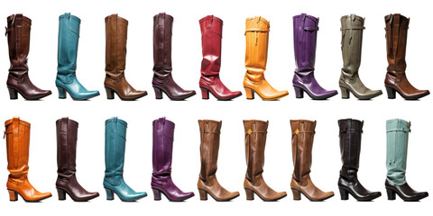 long boots collection Set of different styles and colors on a transparent background