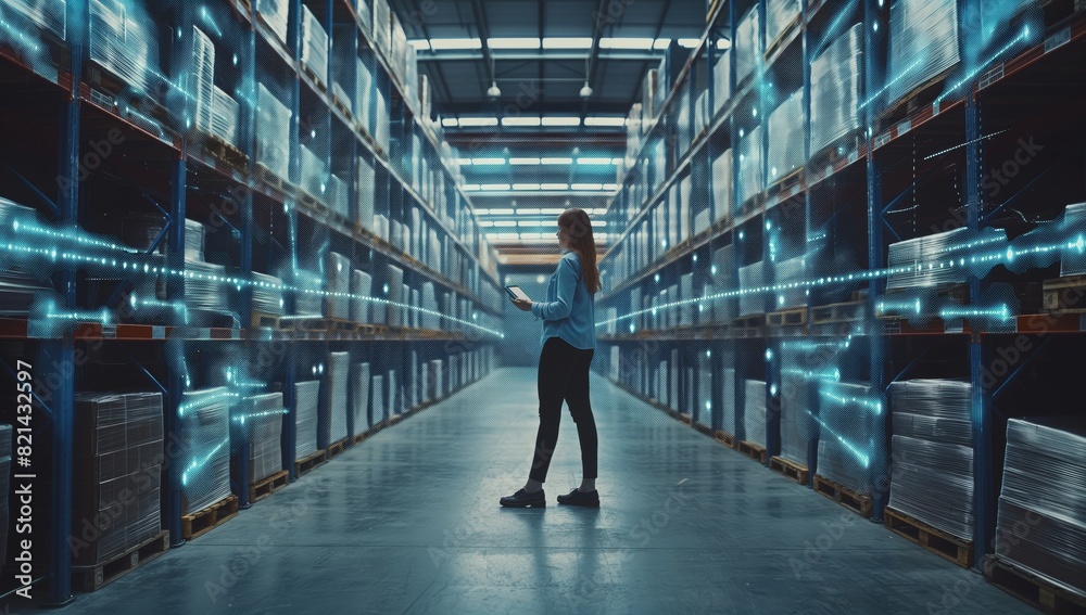 Poster futuristic warehouse with digital interfaces, advanced storage solutions, and efficient operations a