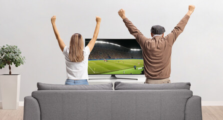 Rear view shot of an elderly man and a young woman watching a football match on tv - Powered by Adobe
