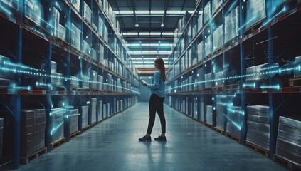 Futuristic warehouse with digital interfaces, advanced storage solutions, and efficient operations aims to enhance business management and innovation in logistics and supply chain efficiency