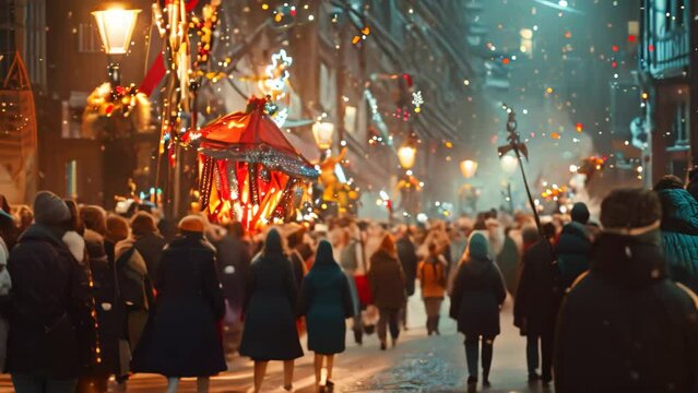 A crowd of people walking together down a street at night for a festive parade event, A community coming together for a festive parade