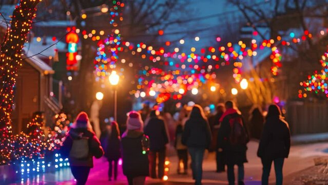 A diverse group of individuals walking down a street adorned with colorful Christmas lights during a festive parade, A community coming together for a festive parade
